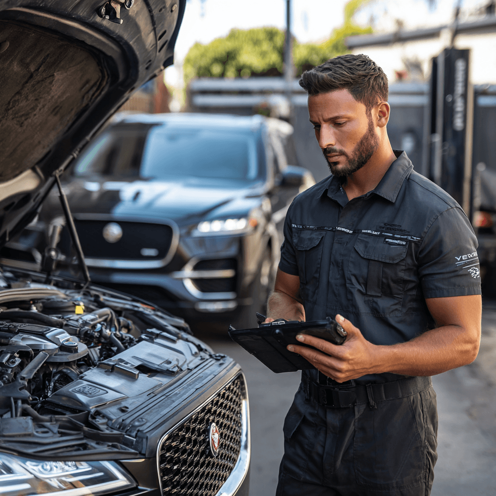 Professional automotive locksmith technician diagnosing Jaguar vehicle in Irving TX