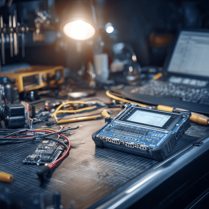 ECU module on diagnostic workbench for module repair and programming service